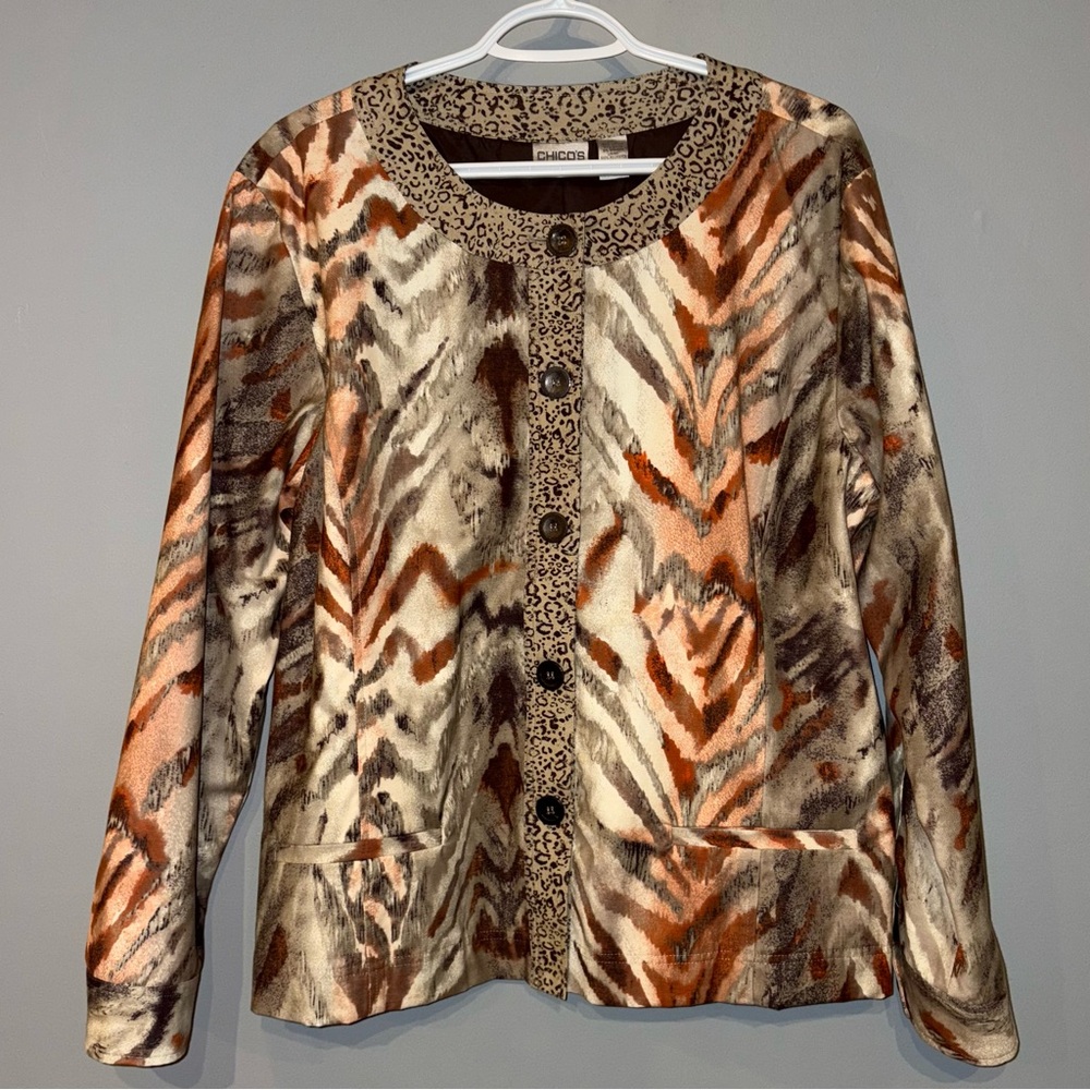 Chico's Leopard Jacket Abstract Animal Print Size 3 (XL) Brown Tan Orange